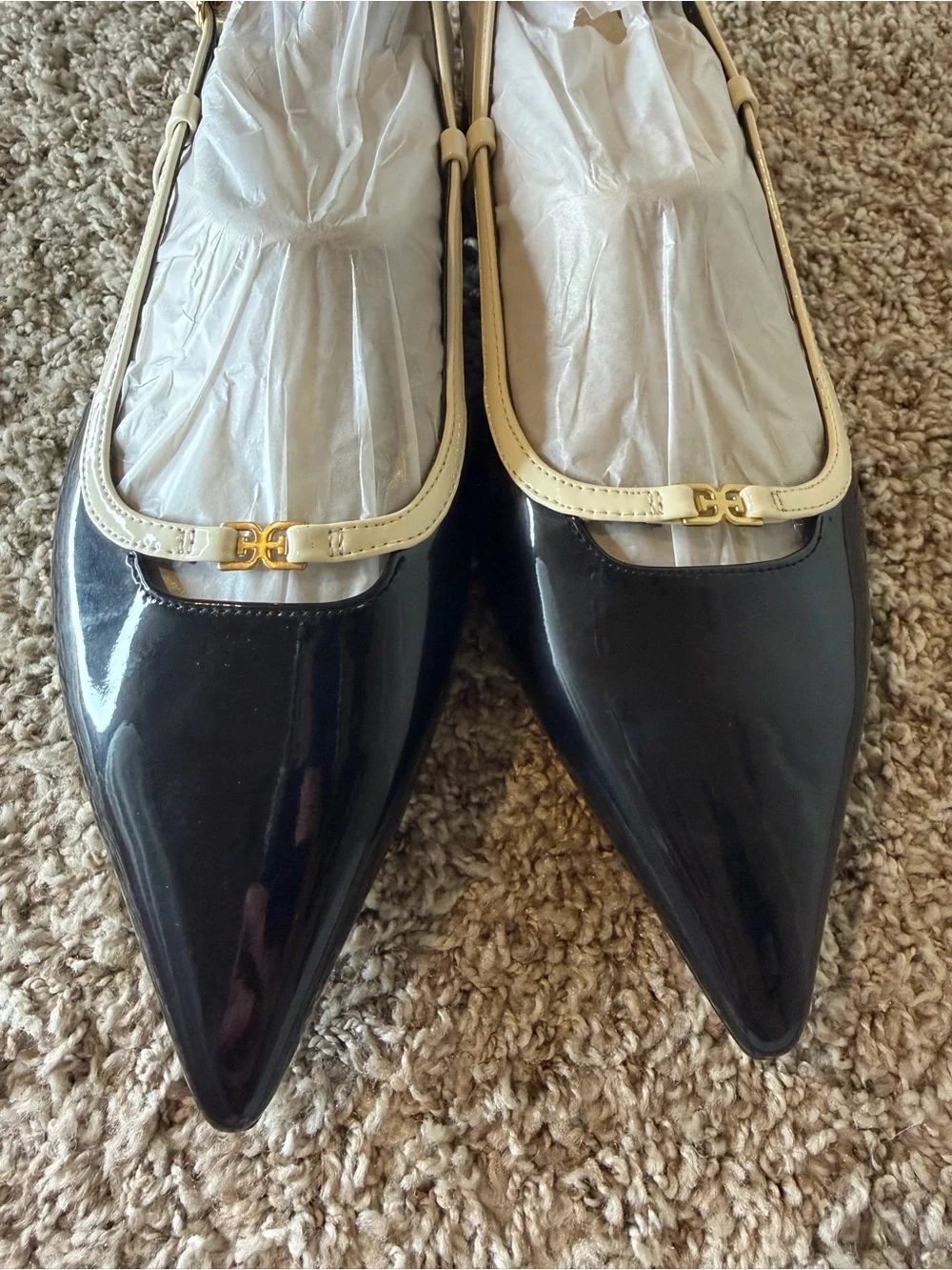 NWOT Sam Edelman Black Patent Slingback Flats with Cream Trim